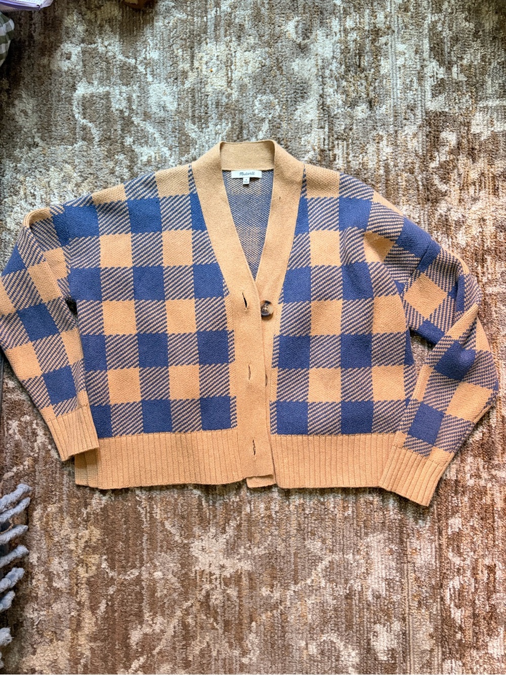 Madewell Camel and Blue Check V-Neck Cardigan
